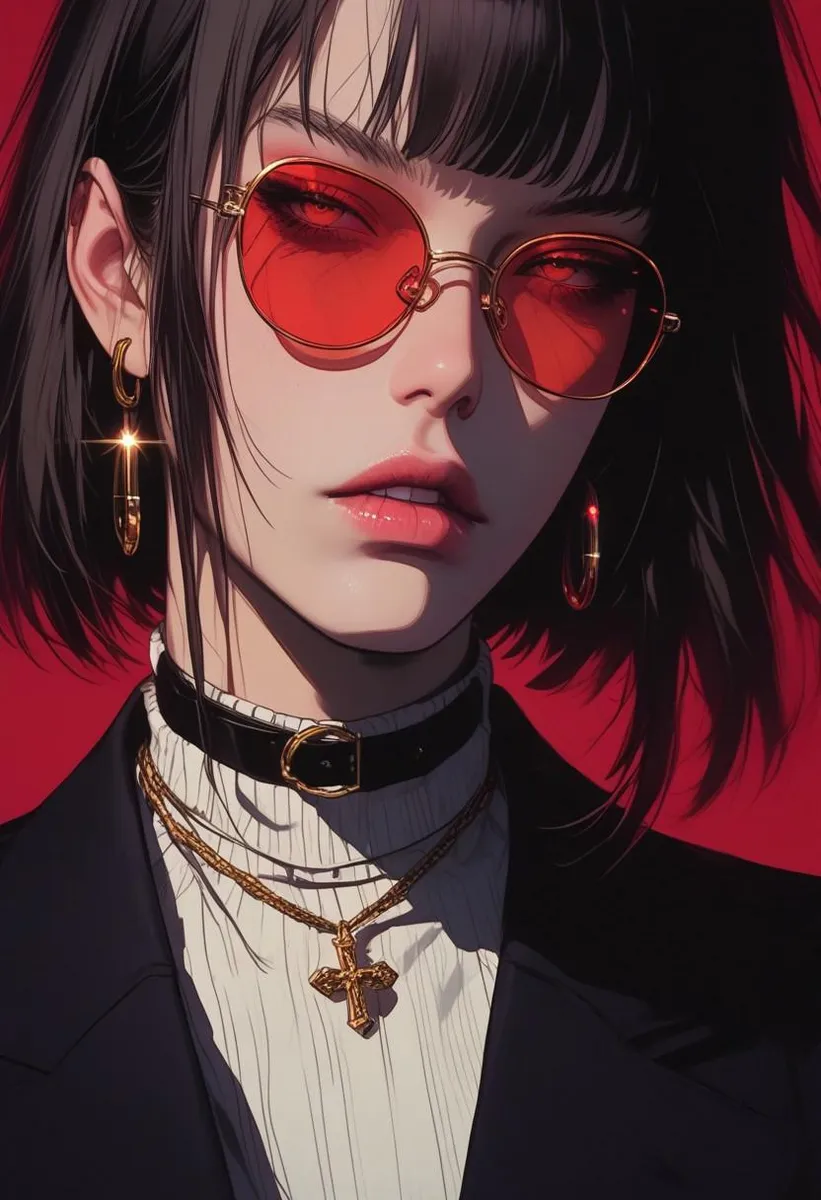 Stylized digital portrait of a person wearing red sunglasses and gold jewelry against a vibrant red background.