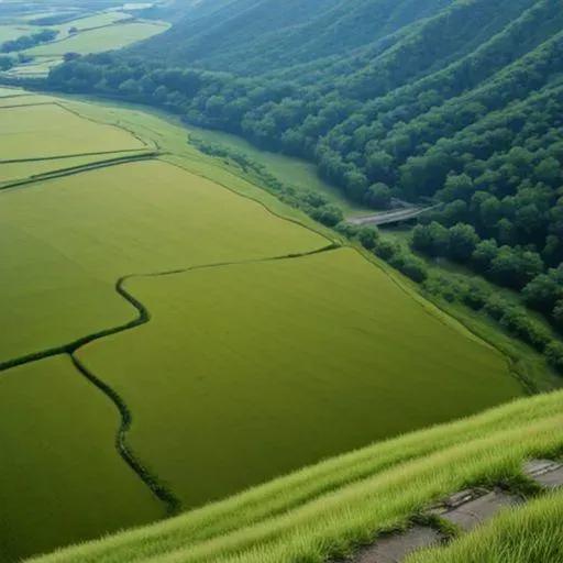 緑豊かな棚田が広がる丘陵の風景を空撮した画像。