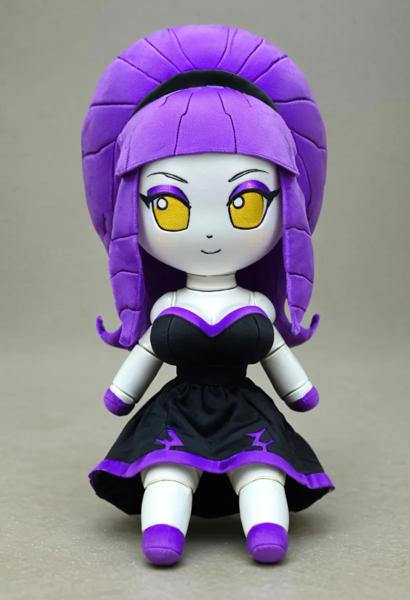 A plush doll in fumo style, featuring a female robot with yellow eyes and a sleek purple hairstyle, wearing a black dress with purple accents.