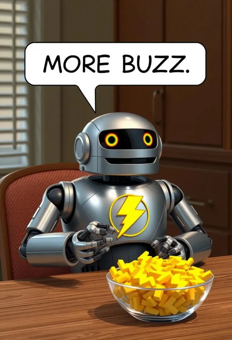 Robotic metallic trash can eating foam lightning bolts with 'MORE BUZZ' speech bubble.