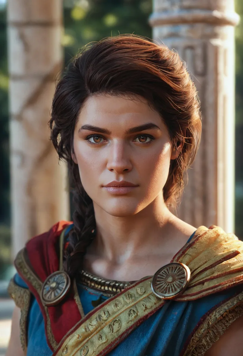 A realistic portrait of a woman with brown hair and eyes against a Roman Empire backdrop.