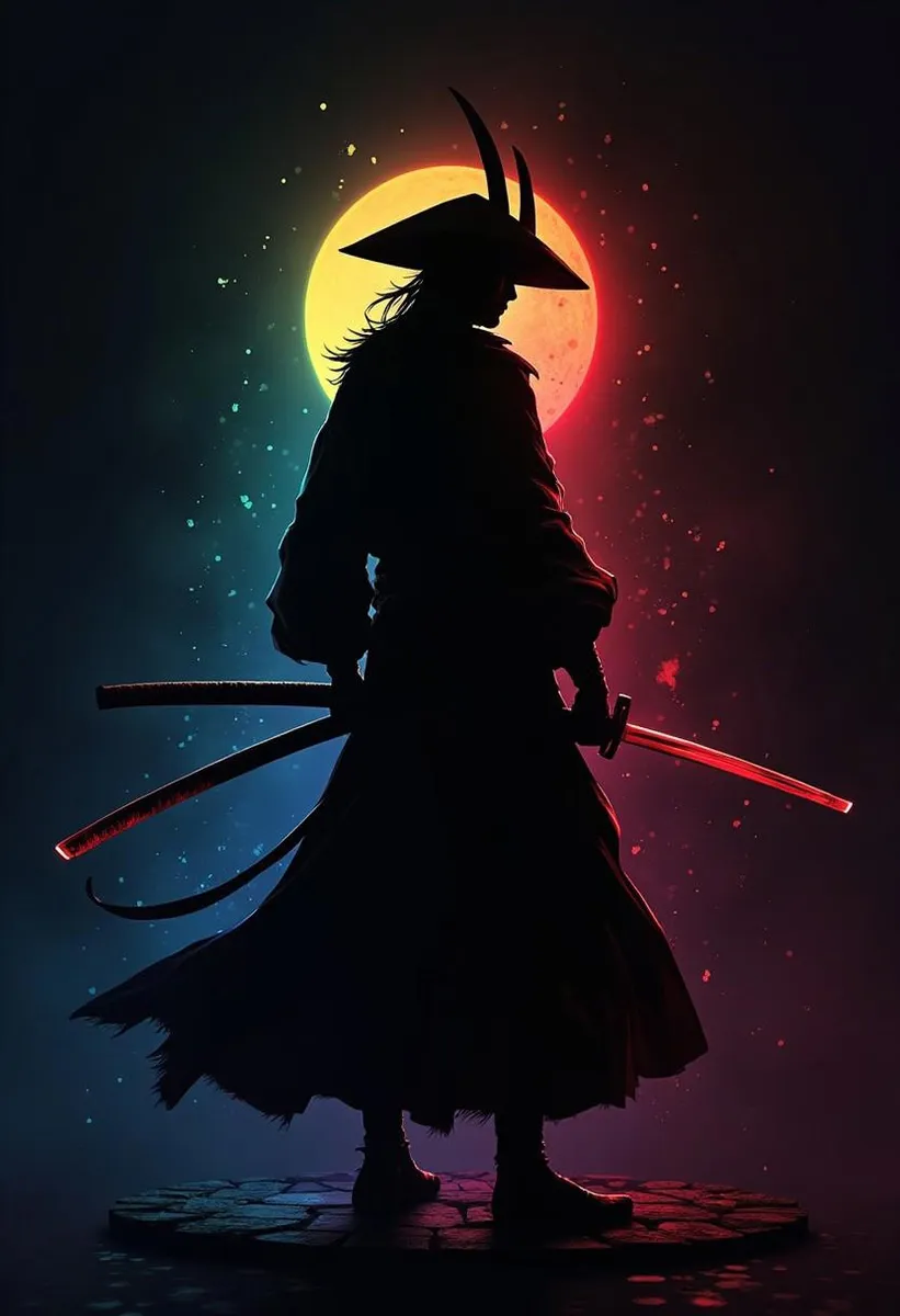 Silhouetted ronin samurai warrior against a dark backdrop, holding a samurai sword with rainbow hues.