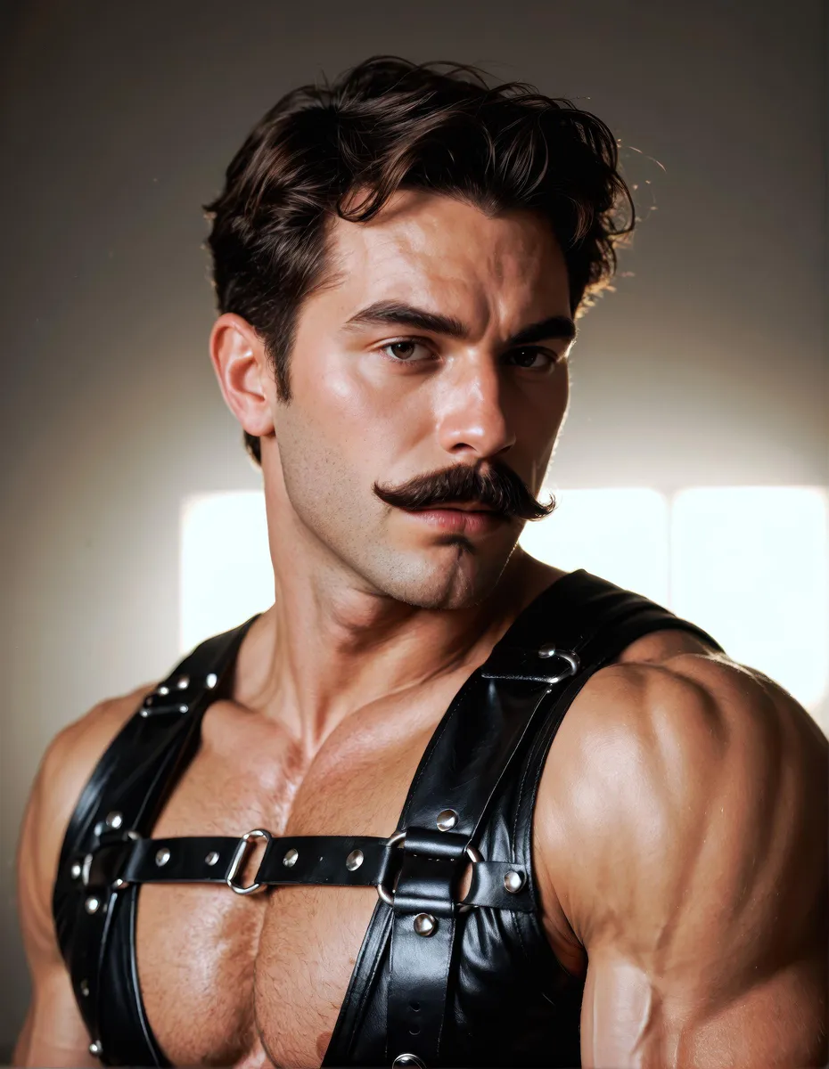 Photorealistic portrait of a rugged man with brown hair and a thick moustache, wearing a black leather vest and shoulder harness.