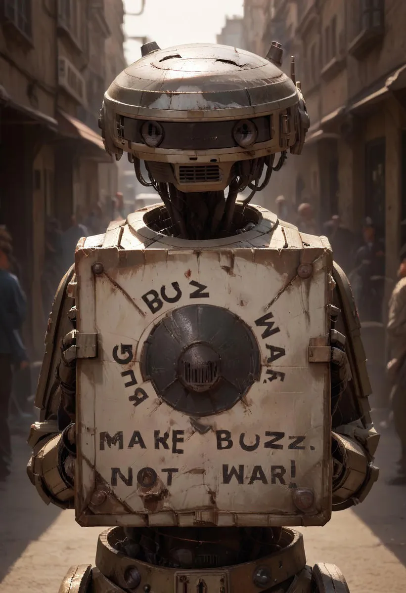 A rusty, mossy robot holding a blank metallic sign in a downtown battlefield street with many robots running in the background.