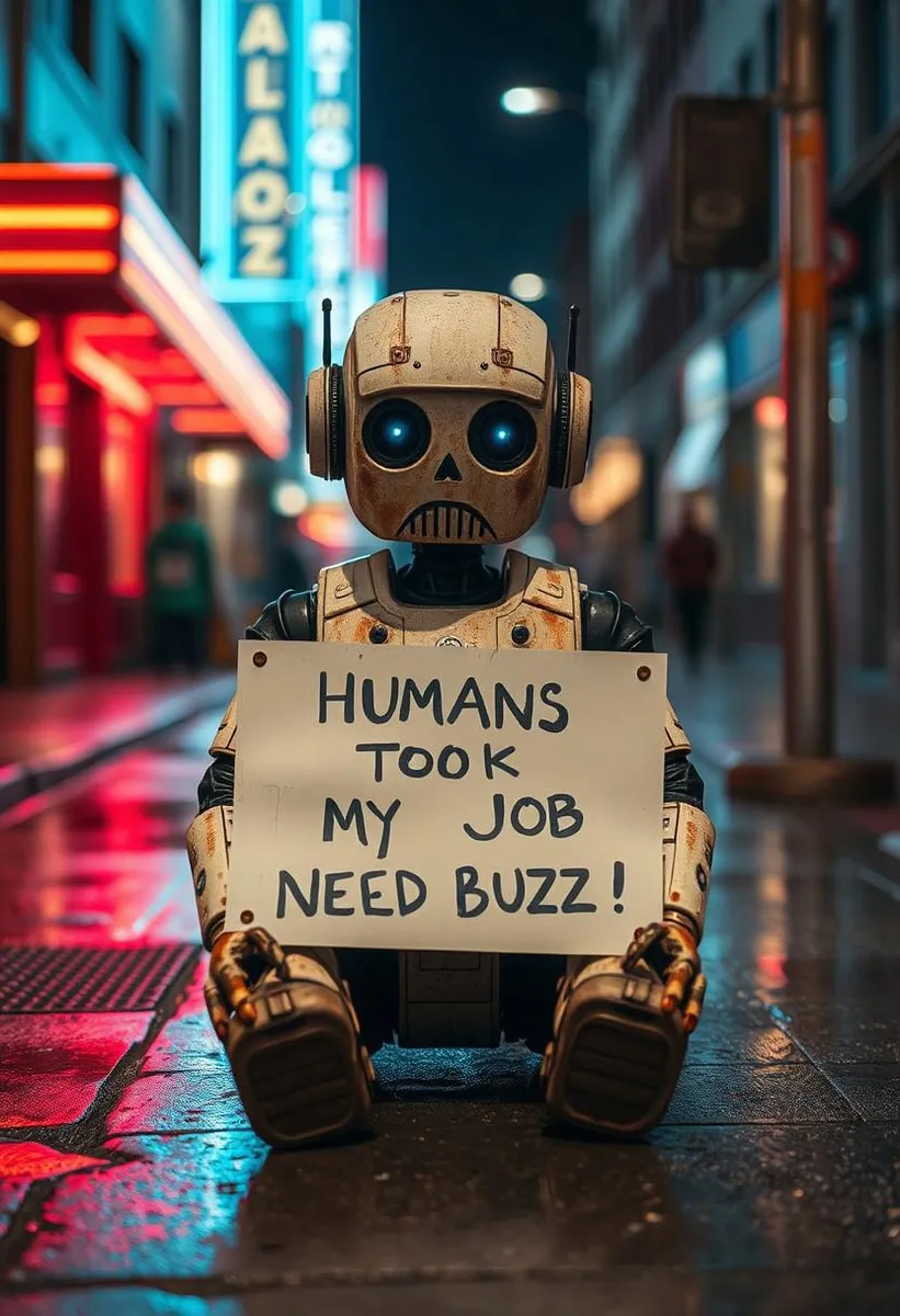 A sad robot sitting on a wet street at night, holding a sign with the text 'HUMANS TOOK MY JOB NEED BUZZ!', surrounded by neon lights.