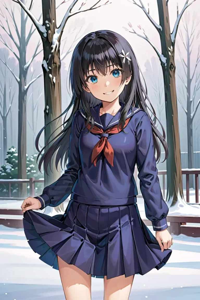 アニメキャラクターの佐天涙子が青いセーラー服を着て、雪の冬の風景の中にいる。