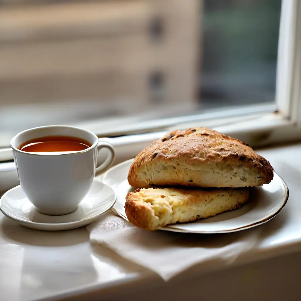 A gourmet scone placed beside a cup of tea on a windowsill in natural light.