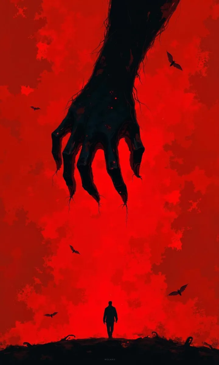 A dramatic film poster with a shadowy hand against a blood-red sky and a silhouetted figure beneath.