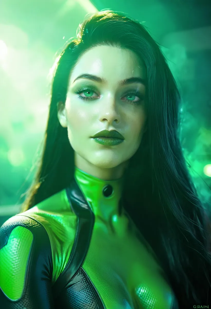 Close-up portrait of a woman with black hair and green eyes, wearing a green and black bodysuit in a laboratory setting with green smoke.