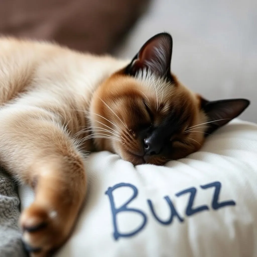 「Buzz」と書かれた枕の上で静かに寝ているシャム猫。