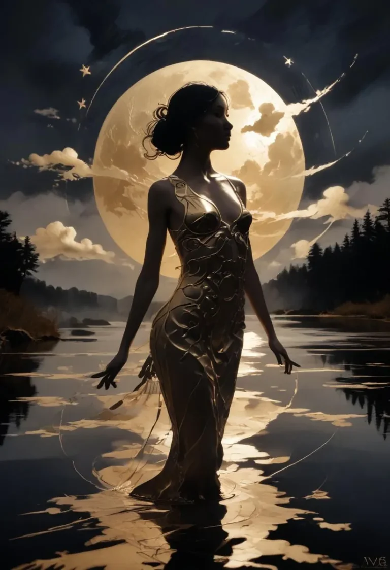 Silhouette of a woman with gold foil dress, standing in a lake with a giant golden moon in the background, set in an Asian landscape.