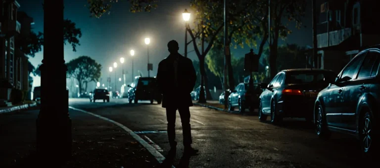 Cinematic shot of a man in silhouette by a street lamp with parked cars at night, in an Hollywood Anamorphic style.