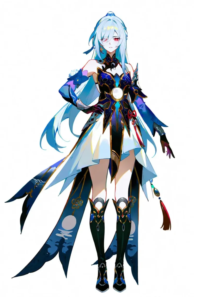 Full-body illustration of a girl with silver hair in a blue and white Chinese dress, red eyes, and black gloves against a white background.