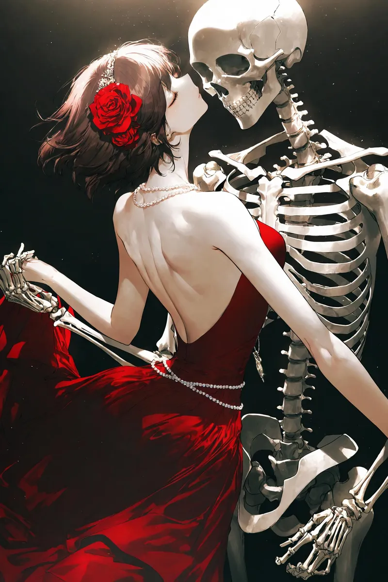 Dancing woman with skeleton in red dress, elegant, surreal.