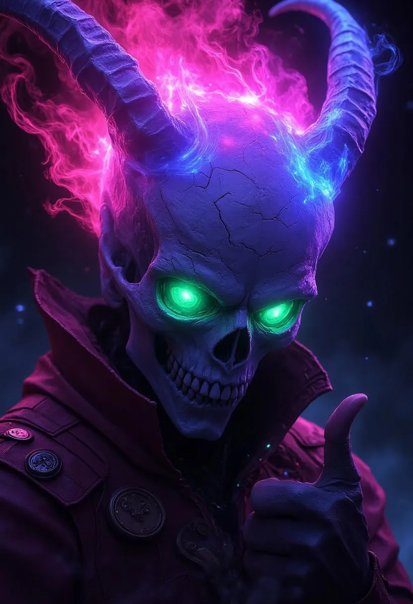 Close-up of a charming skeleton necromancer with neon symbols in a cinematic anime style.