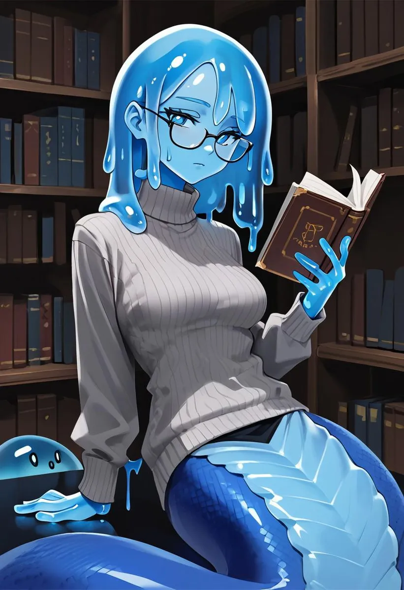 Slime girl with blue skin and hair, holding a textbook in a library wearing glasses and a grey sweater.