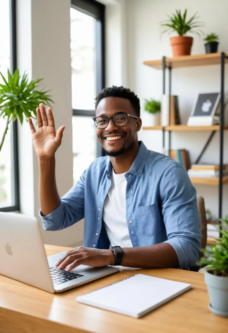 Smiling man with eyeglasses waving at a desk in a modern home office with a laptop and house plants.