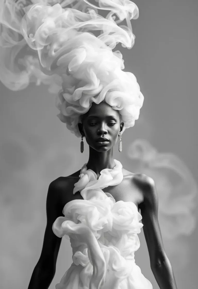 Smoke-like representation of a beautiful African goddess in white and gray, creating a striking artistic effect.