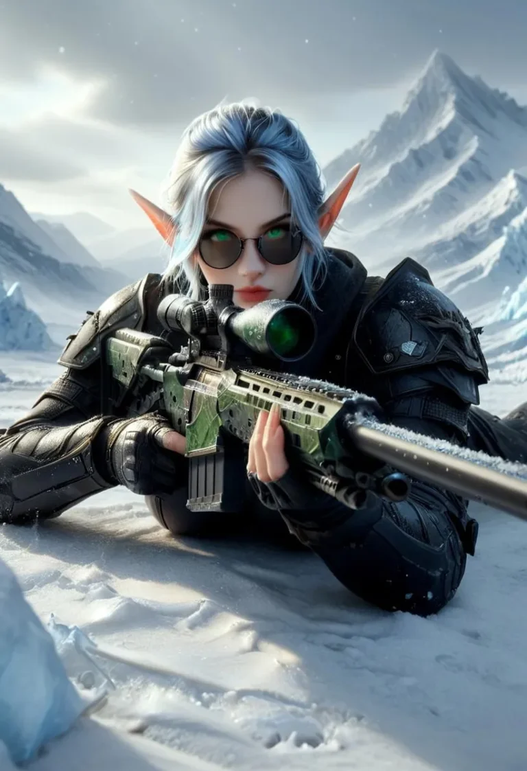 Elf soldier with blue hair and sniper rifle in snowy mountains.