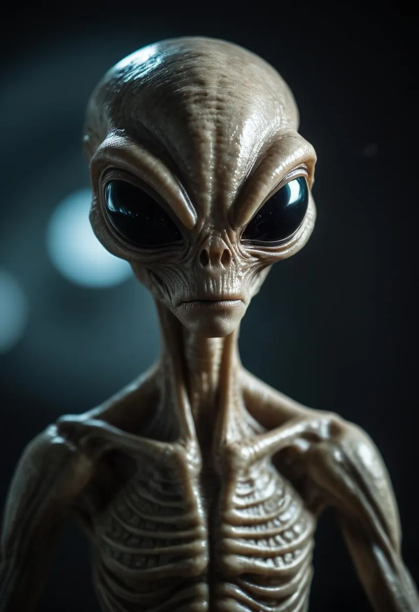 A detailed, realistic rendering of a space alien using natural light and edited with Adobe Lightroom and Photolab.