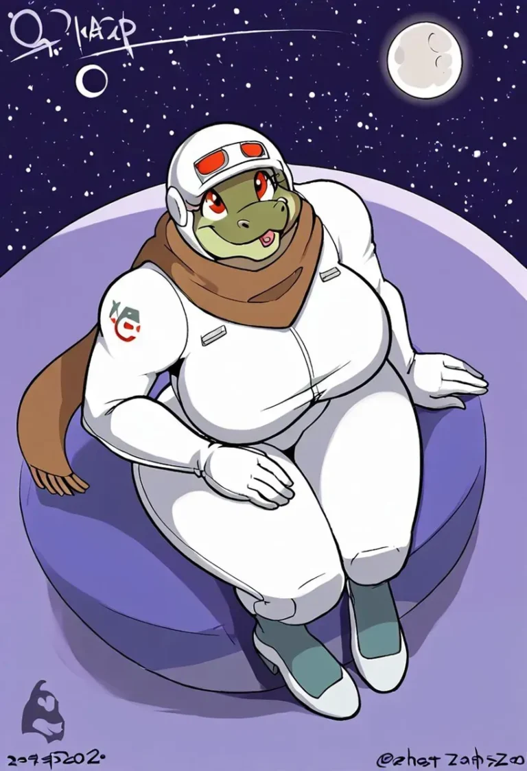 宇宙服と茶色のスカーフを身に着けたアントロキャラクターが座って月を見上げる、星が輝く宇宙の設定。