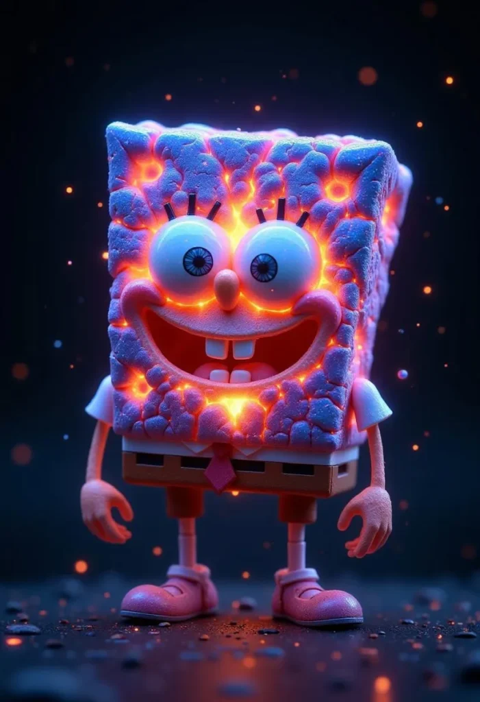 Spongebob with glowing galaxy-like cracks and starry background.