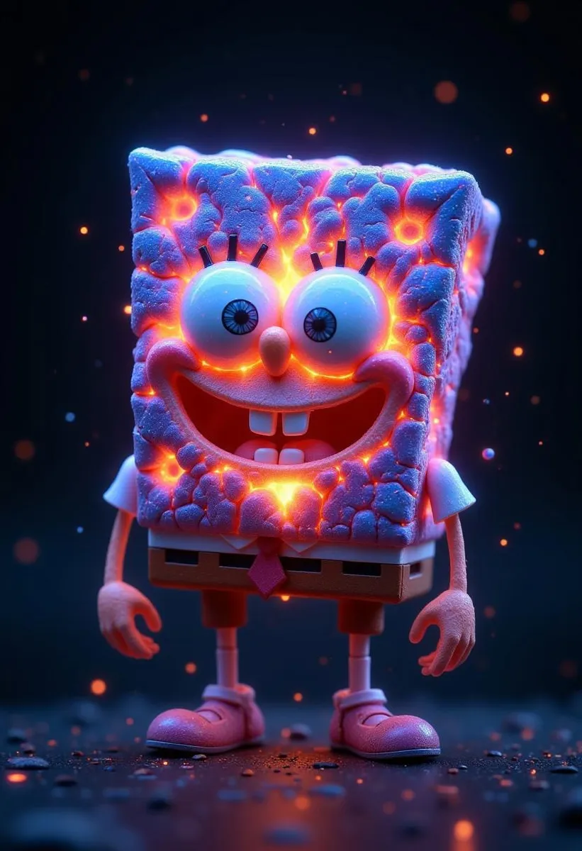 SpongeBob with glowing galaxy-like cracks and starry background.