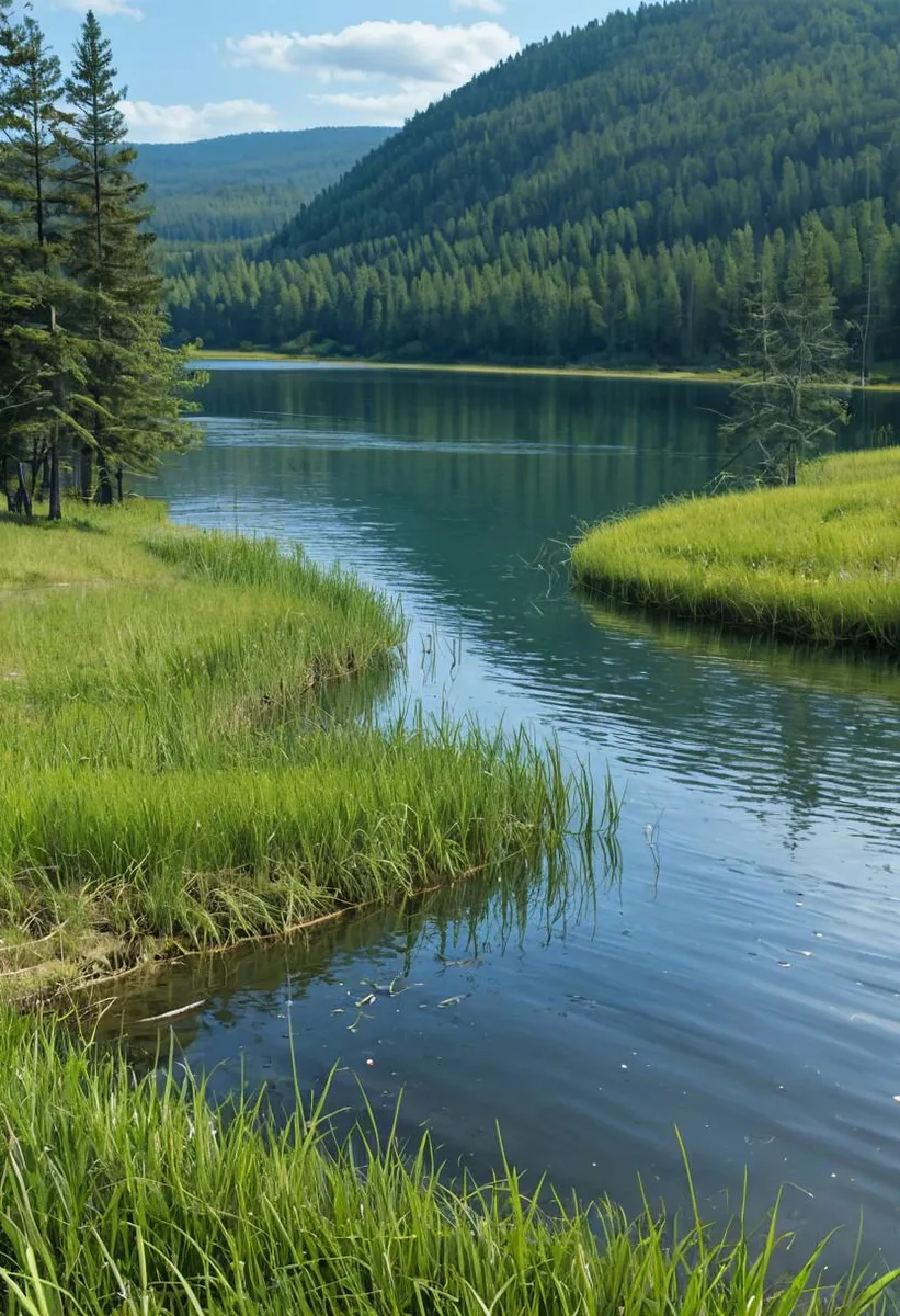 Lake surrounded by trees and grass on a sunny spring day.