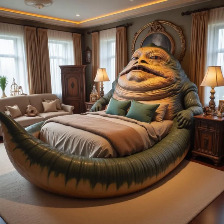 Star Wars themed bedroom featuring a Jabba the Hutt shaped bed with green pillows and brown sheets.