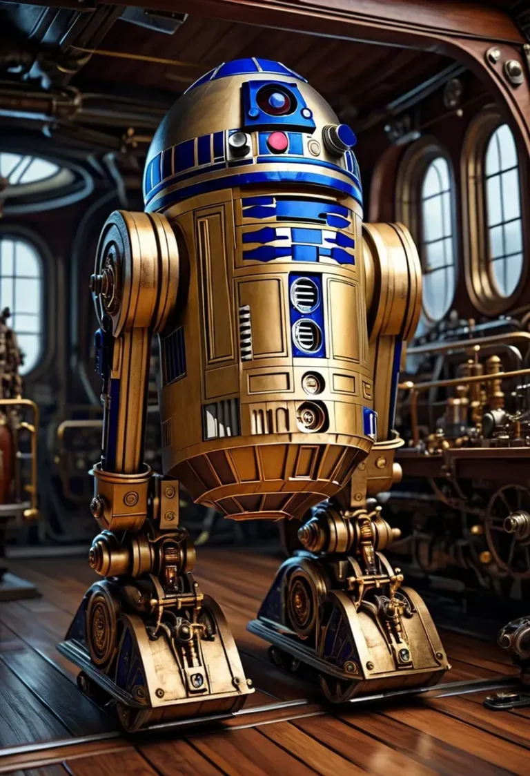 宇宙船デッキでのスチームパンク設定のR2D2の、非常に詳細でフォトリアリスティックな4K画像。