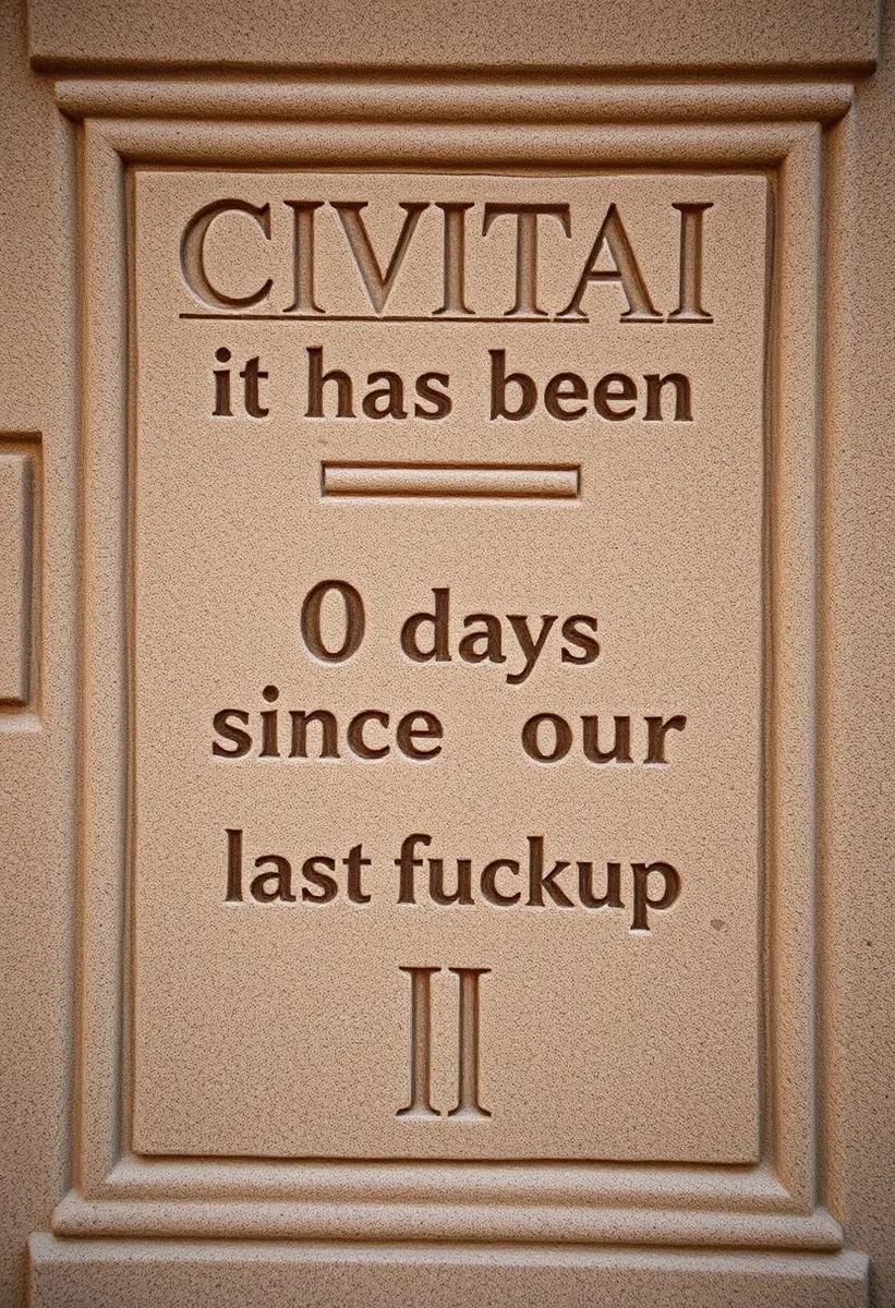 ユーモラスな碑文が刻まれた石板: 'Civitai - it has been 0 days since our last fuckup'.