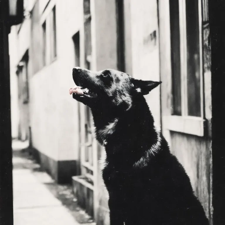 黒い毛の毛並みの悪い野良犬が路地で頭を振り向き、その目の反射と鎖が見えるクローズアップ。