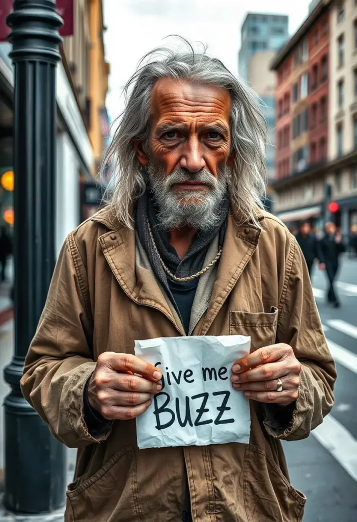 An elderly man with long hair, holding a sign that reads 'give me buzz' in a busy urban street.