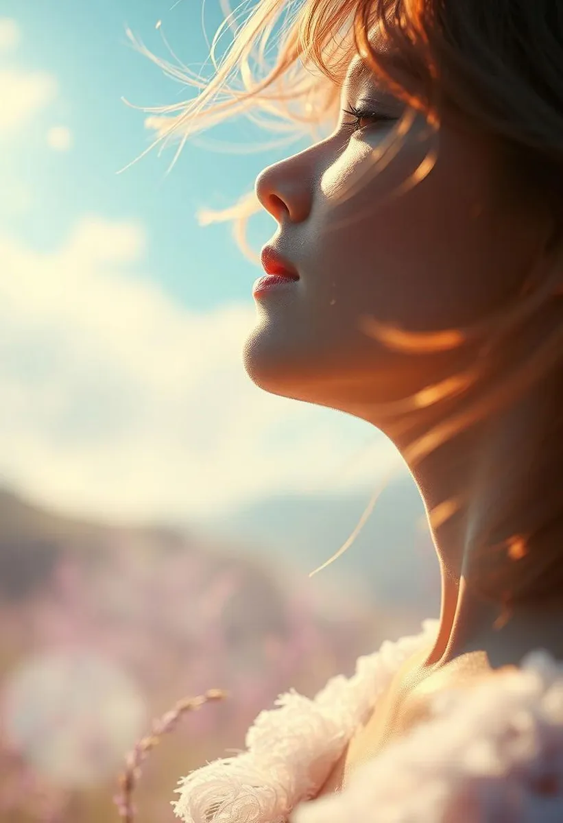 Close-up of a person enjoying magical air in a dreamlike landscape with glowing lighting and pastel colors.