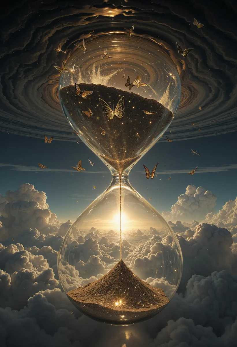 Floating hourglass with metallic butterflies and ethereal light.