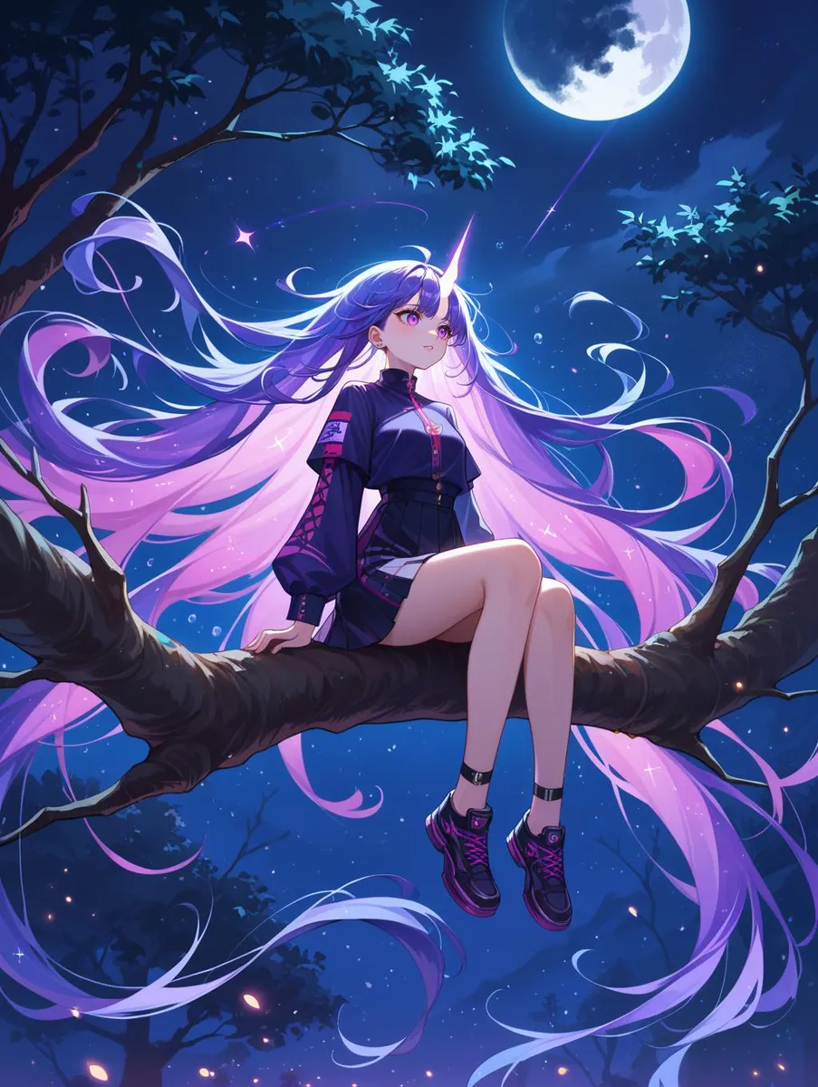 Anime-style girl with glowing long hair sits on a tree branch under a moonlit sky.