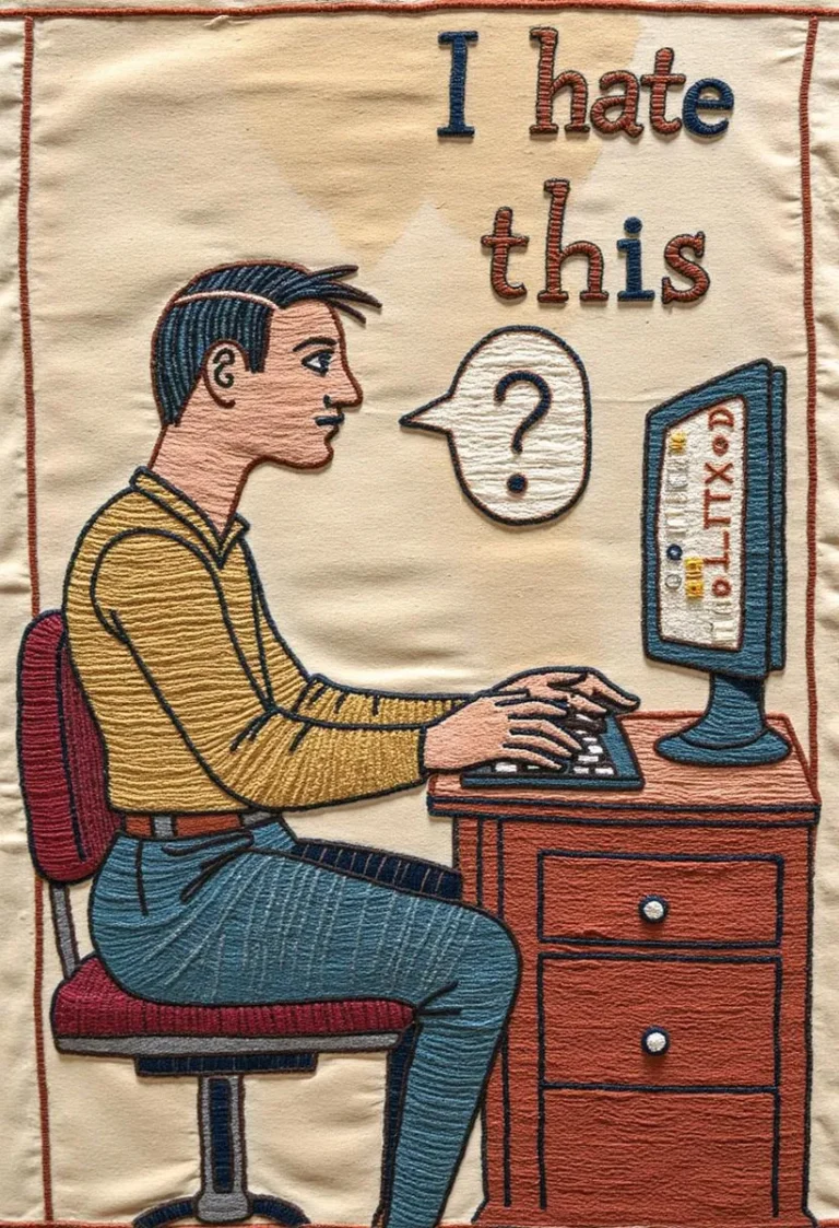 Tapestry-style art of a man at a computer, frustrated.