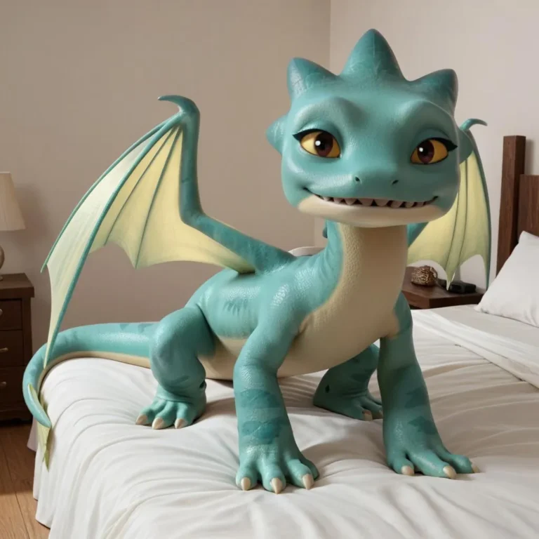 A teal-scaled dragon with wings and a tail, sitting on a white bed, displaying a friendly and smiling expression with yellow sclera and black pupils.