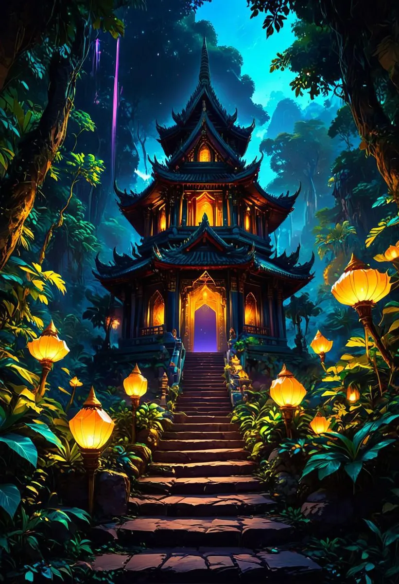 Vibrant digital art of a Thai temple surrounded by a lush jungle with pastel hues and magical lighting.