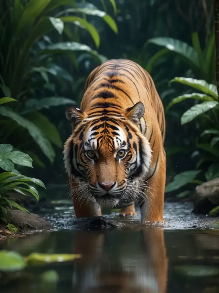 ジャングルの池で水を飲むトラの超詳細シネマ写真。