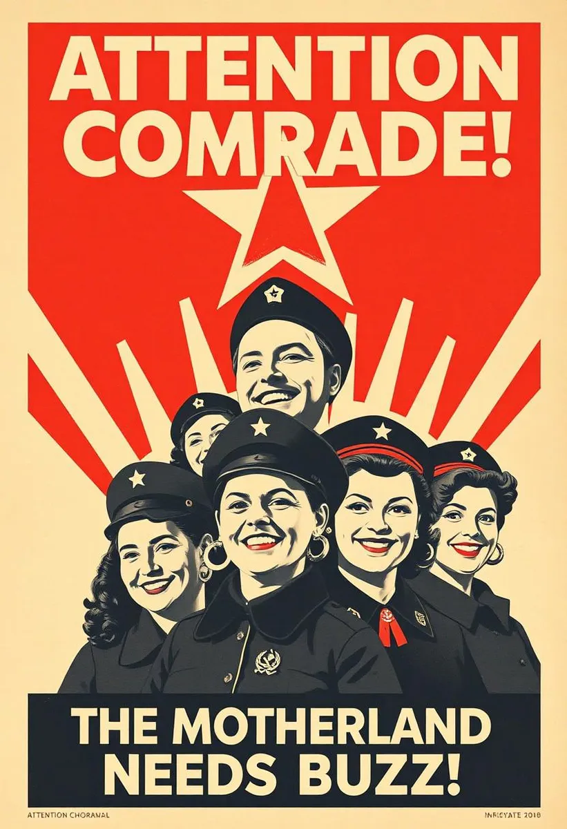 40's USSR style poster with Soviet men and women smiling, featuring 'Attention Comrade!' and 'The Motherland Needs Buzz!' text.