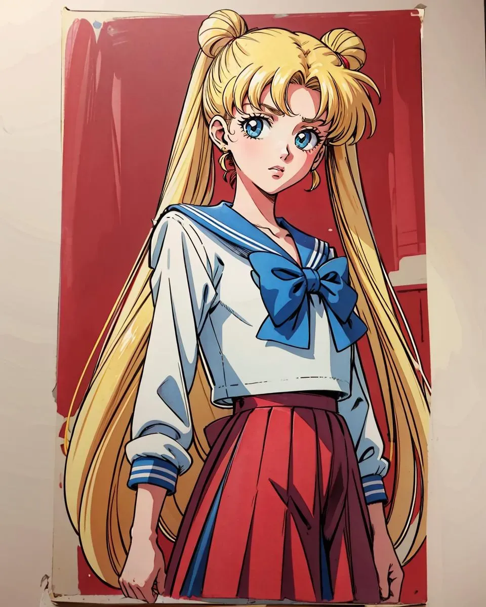 1990年代アニメファッションで長い金髪を持つ学校の制服のアニメ少女、高品質な構図。