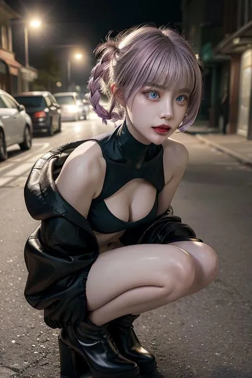 グラデーションヘアのヴァンパイア風キャラクターが夜の街路でしゃがんでいるフォトリアリスティックな画像。