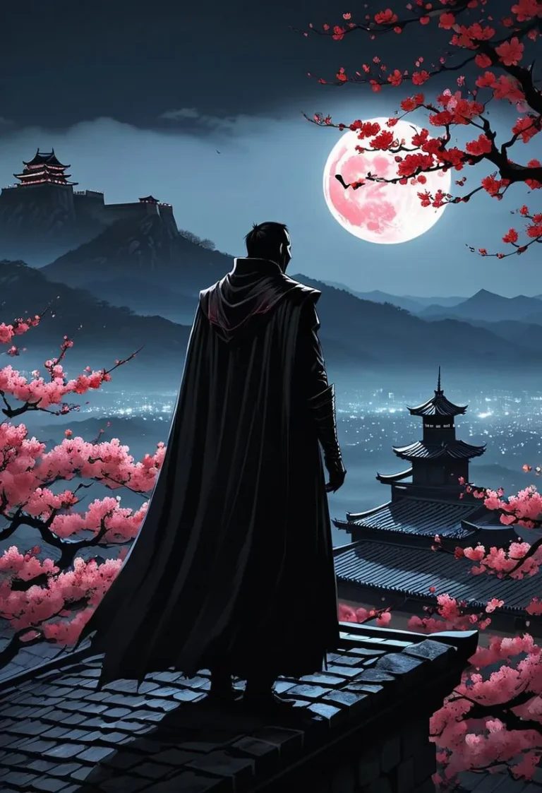 Stealthy vampire lord in cloak on a roof, cherry blossom, full red moon, ancient fortress, Mount Fuji, nighttime with fog.