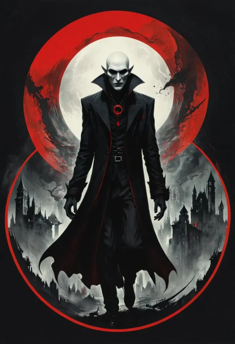 Vampire Lord Nosferatu in red-black theme with cityscape.