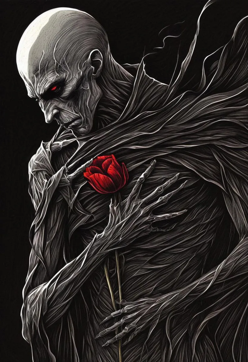 Vampire lord Nosferatu with a sorrowful expression, holding a red flower in a line art style.