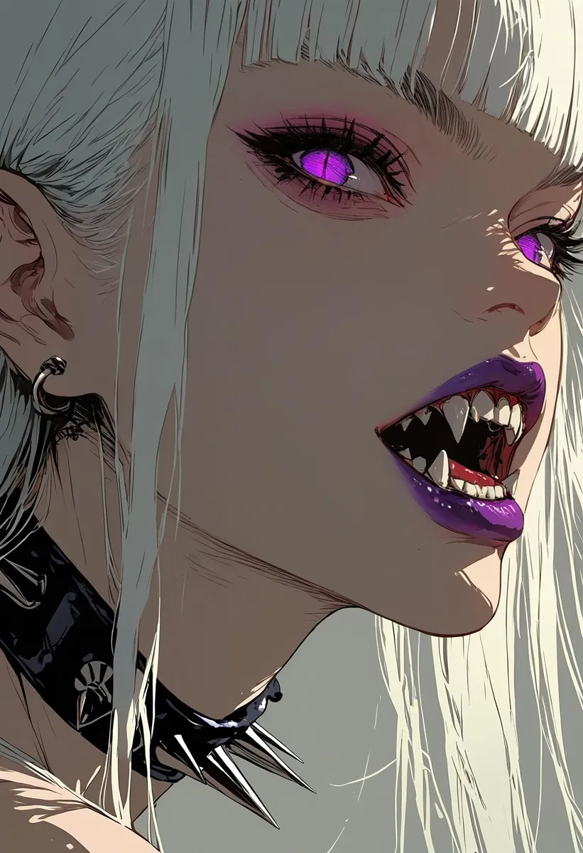 Close-up portrait of a female vampire with intense white hair, purple eyes with slit pupils, and visible fangs, wearing a spiked choker.