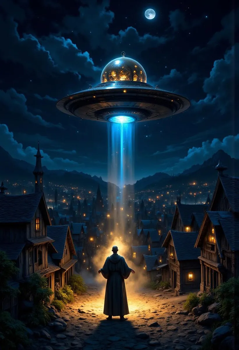 Cartoon-style scene of a flying saucer abducting a priest in a night village.