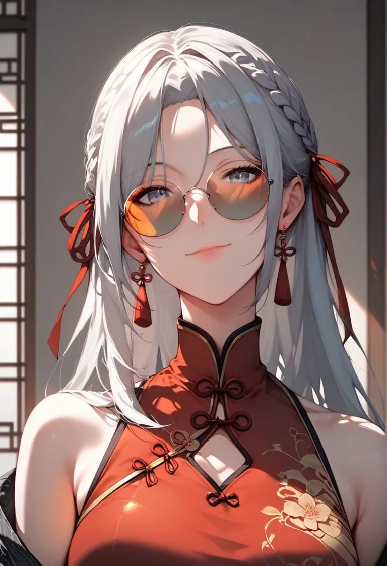 Woman with long grey hair and sunglasses, wearing a Chinese-style dress with red ribbons and jewelry.