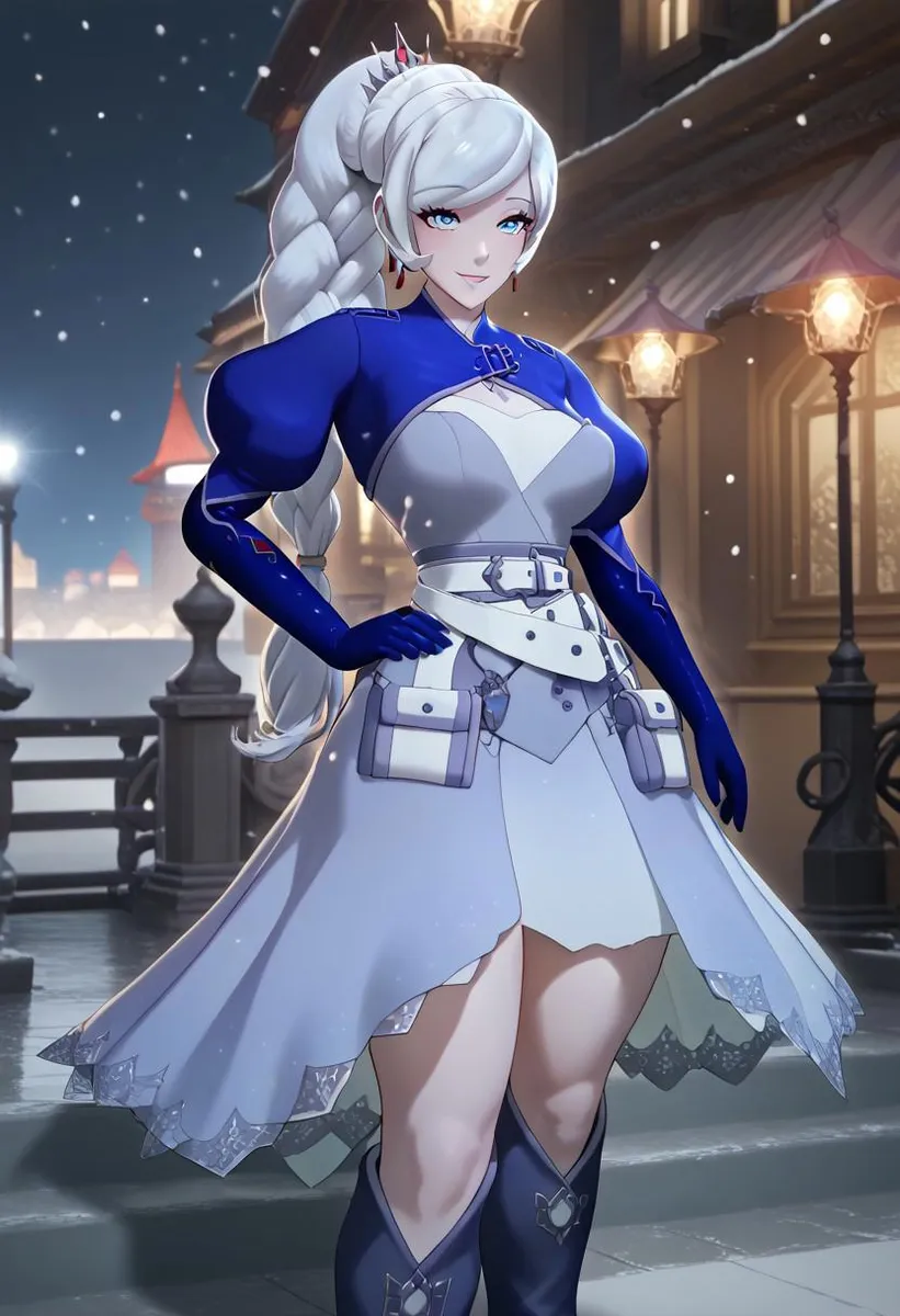 Illustration of WeissSchnee with white hair and a curvy figure wearing a detailed blue and white outfit in a snowy city setting.